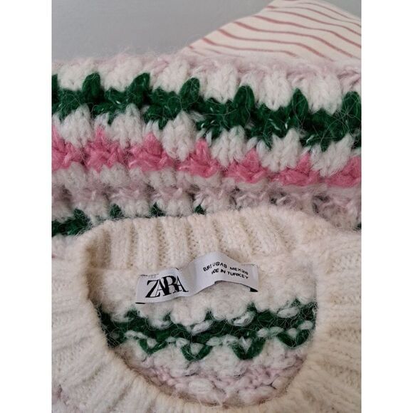 Zara Womens Small SOFT STRIPE KNIT Alpaca sweater Top Short Sleeve Pink Green - Picture 5 of 6